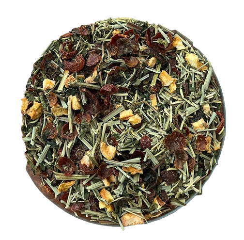 Mezcla herbal Allergy Tamer de Menjunjes con nettle, rose hips, lemongrass, romero y cáscara de naranja
