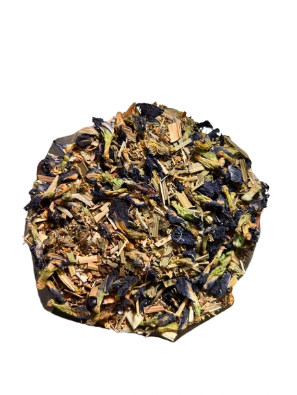 Azul de Verano Seasonal Blend de Menjunjes con butterfly pea flower, lemongrass, lemon balm y elderflowers