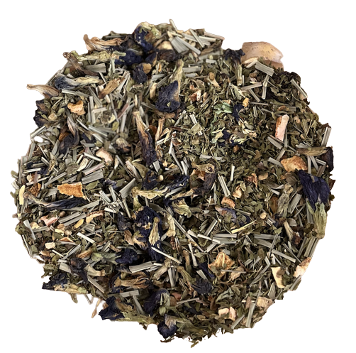 Blue Belly Soother Blend de Menjunjes con spearmint, butterfly pea flower, lemongrass, lemon peel, ginger y licorice para el confort digestivo