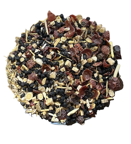 Mezcla herbal Build My Immune con elderberries, rose hips y astragalus de Menjunjes