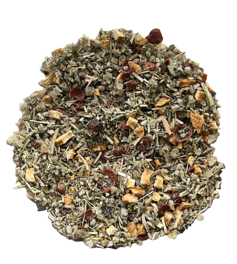 Mezcla herbal Sinus Relief de Menjunjes con hyssop, thyme, mullein, rose hips, orange peel y licorice.