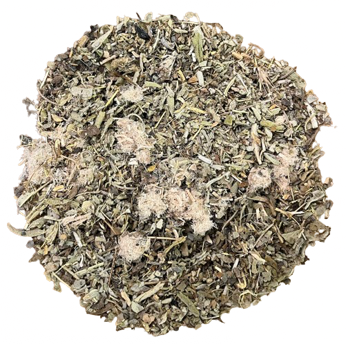 Mezcla herbal Throat and Cough Relief de Menjunjes con marshmallow root, slippery elm, mullein, licorice y chamomile