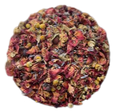 Tranquilito Blend, mezcla herbal con manzanilla, pétalos de rosa, espino blanco y lavanda.