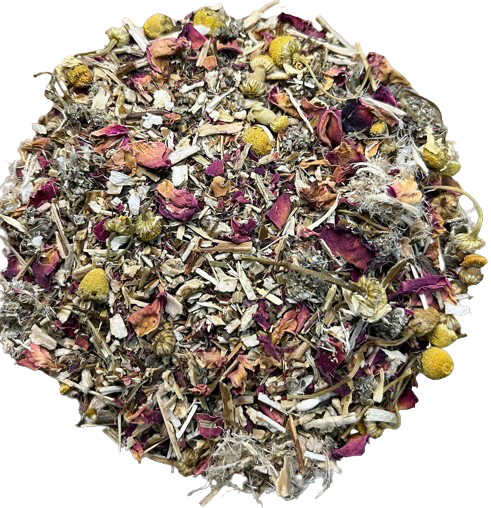 Yoni Steam Blend de Menjunjes con rose petals, motherwort, black cohosh, raspberry leaf y chamomile para rituales de bienestar femenino